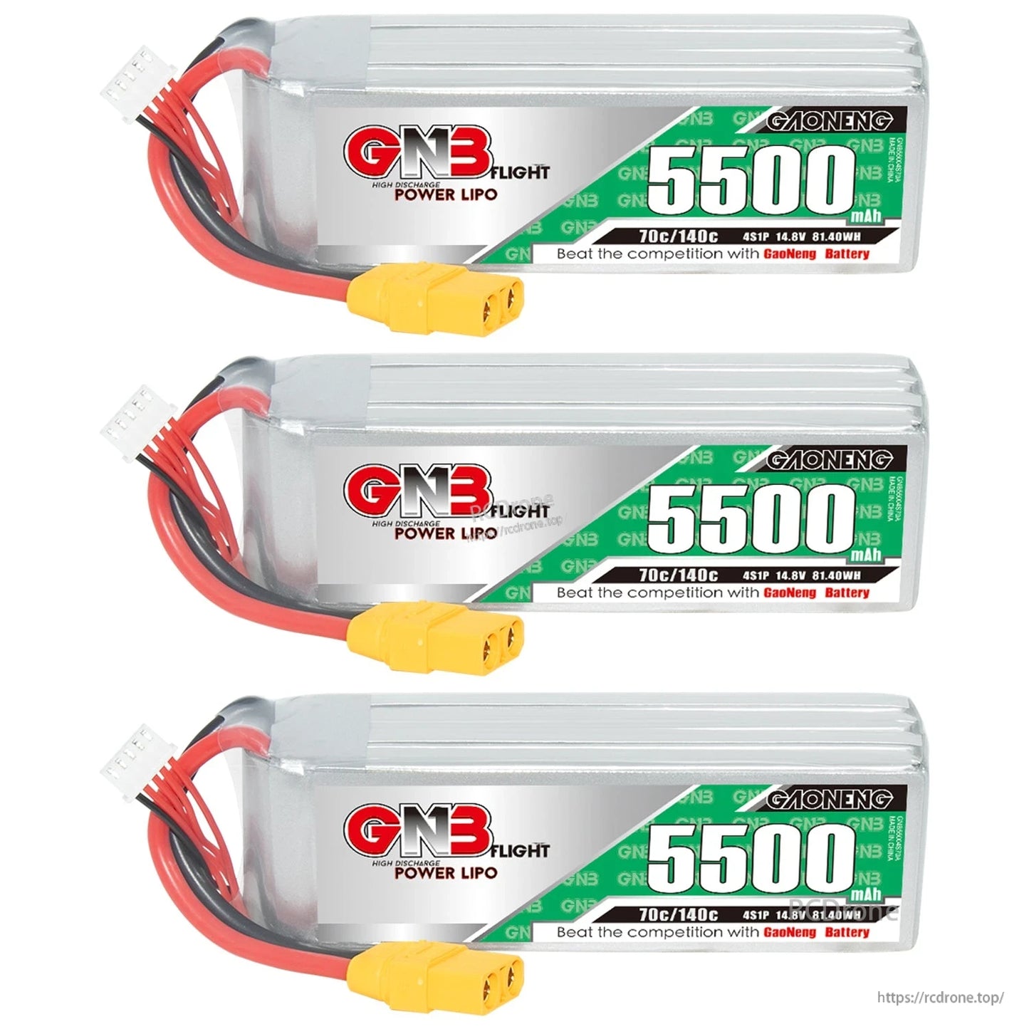 Three GNB 5500mAh LiPo batteries shown horizontally with XT90 connectors (quantity display)