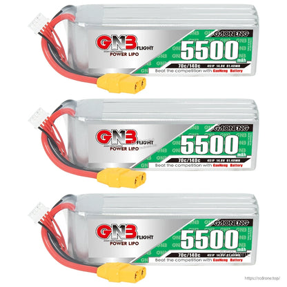Three GNB 5500mAh LiPo batteries shown horizontally with XT90 connectors (quantity display)