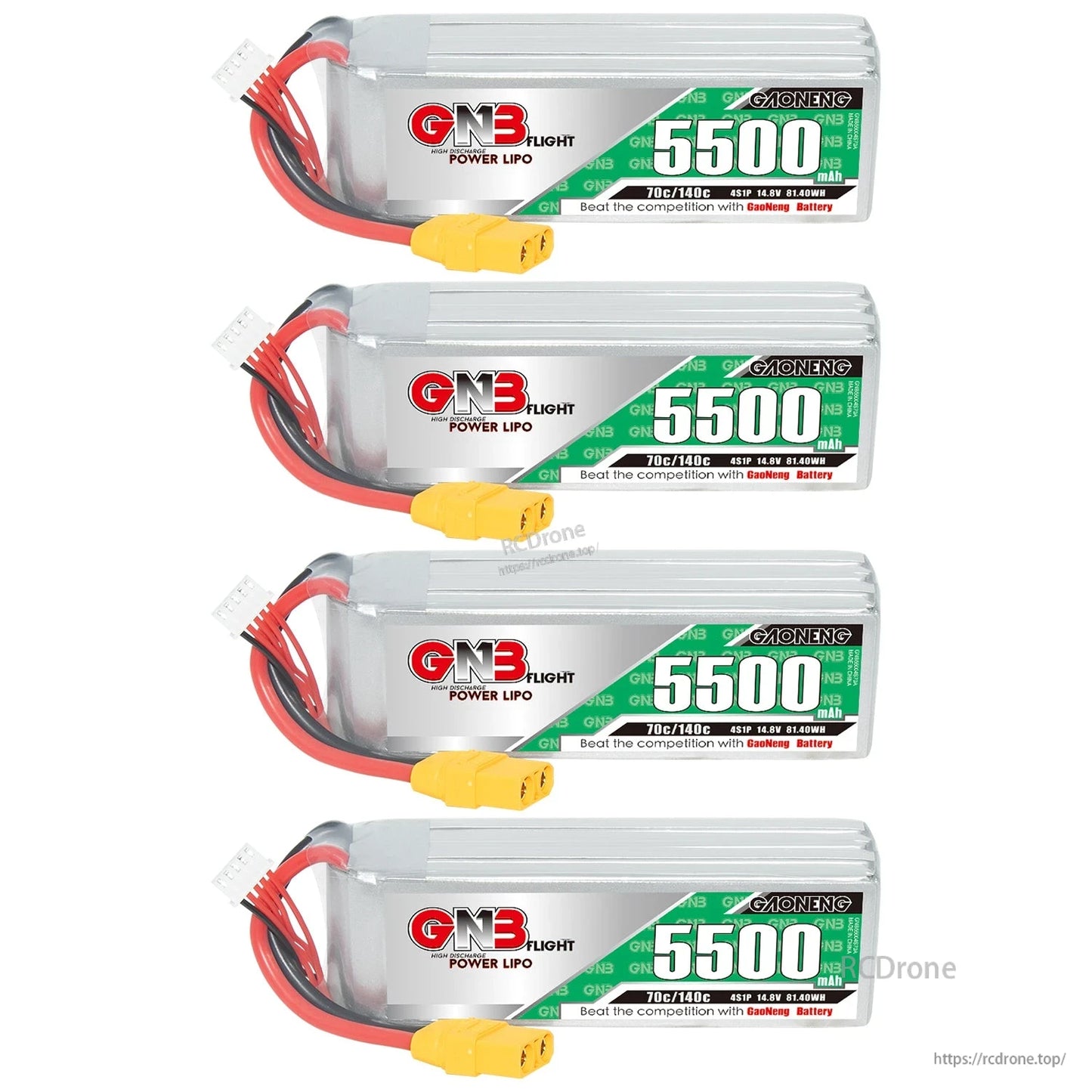 Four GNB 5500mAh LiPo batteries shown in a stack layout with XT90 connectors