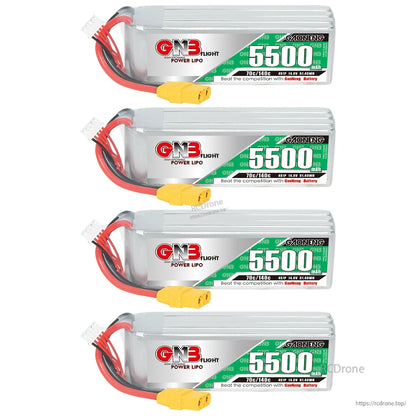 Four GNB 5500mAh LiPo batteries shown in a stack layout with XT90 connectors