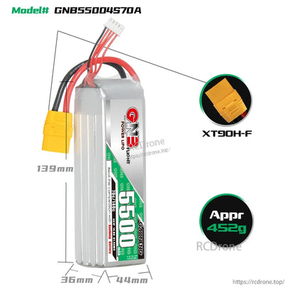 GNB55004S70A battery size diagram with 139×36×44 mm, XT90H-F plug, approx 452 g