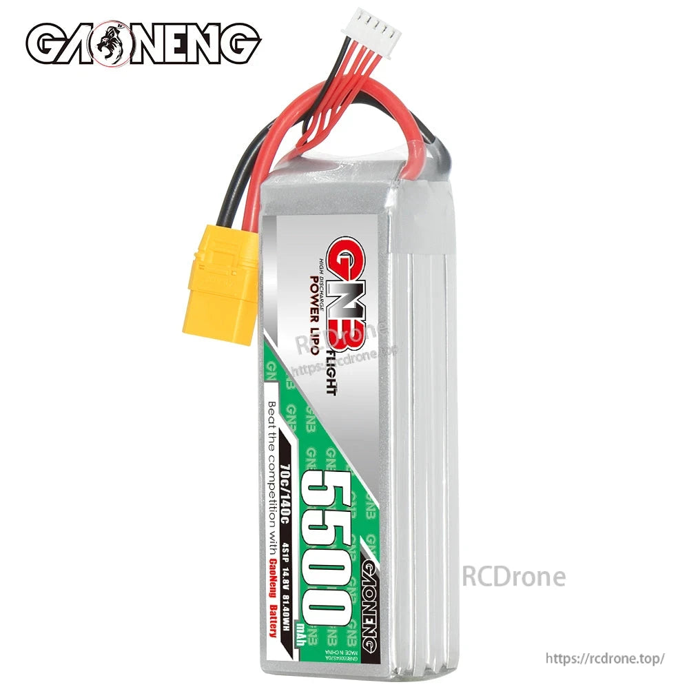 Upright view of GAONENG GNB 5500mAh LiPo battery showing side label and lead exit
