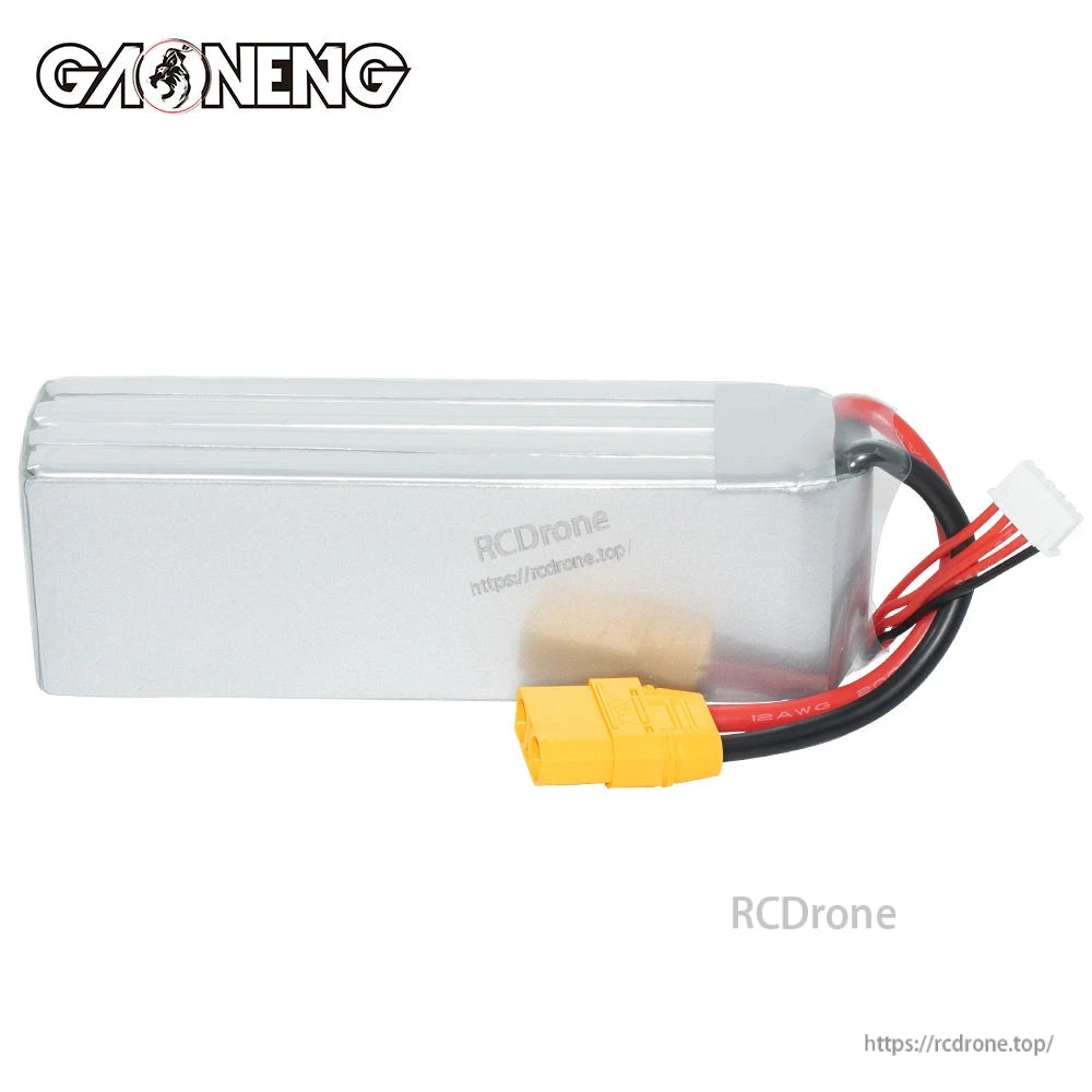 Rear side view of silver LiPo battery case showing XT90 plug and balance connector leads