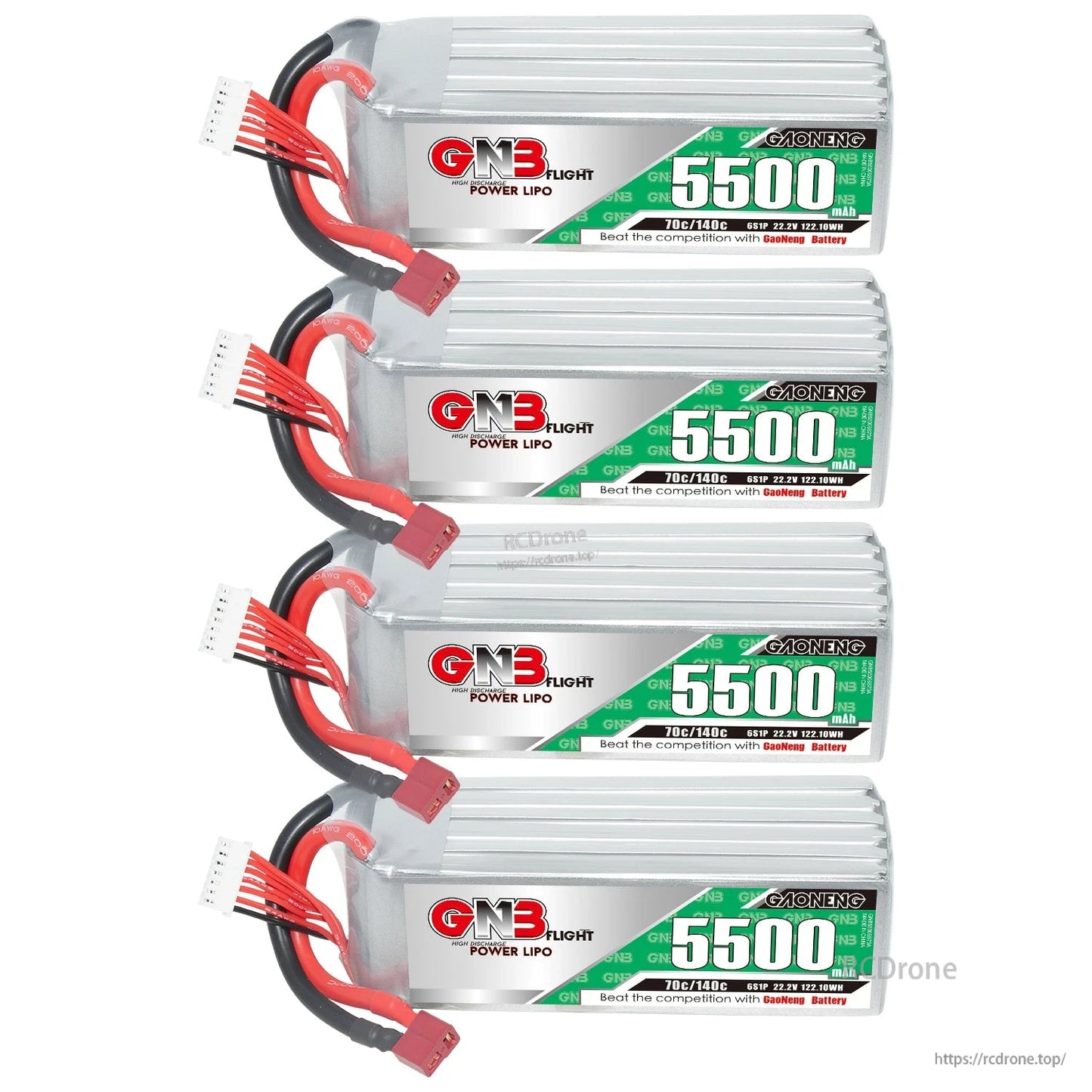 Four GN3 5500mAh LiPo batteries stacked in a set, showing labels and connectors