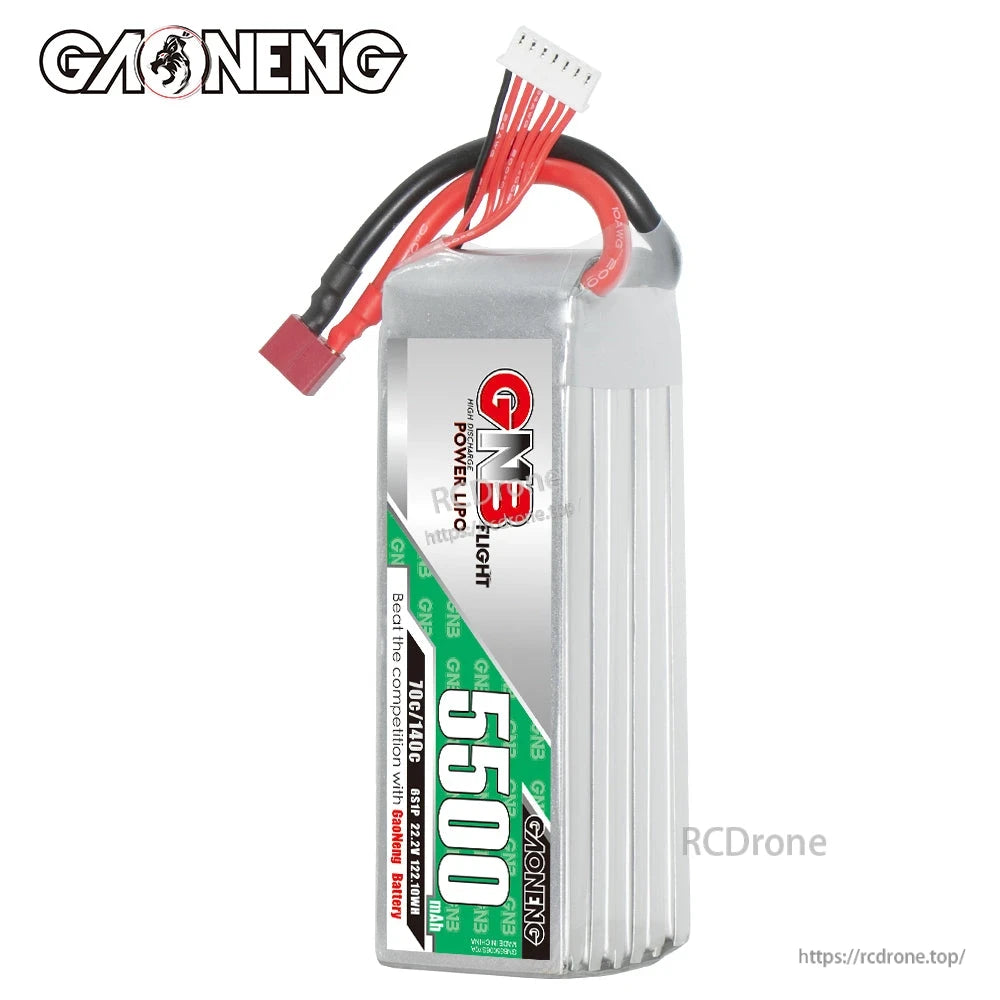 Upright view of GNB 5500mAh LiPo battery showing side label and attached leads