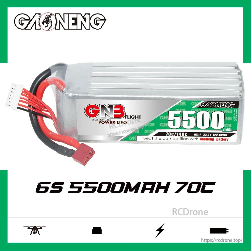 GAONENG GNB55006S70A 6S 5500mAh 70C LiPo battery graphic with model name and icons