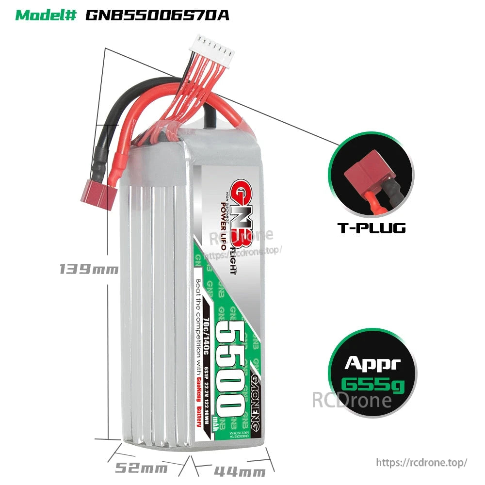 Battery dimensions diagram for GNB55006S70A showing T-plug connector and approx 655g weight