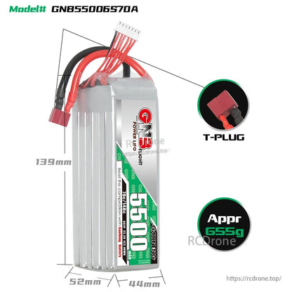 Battery dimensions diagram for GNB55006S70A showing T-plug connector and approx 655g weight