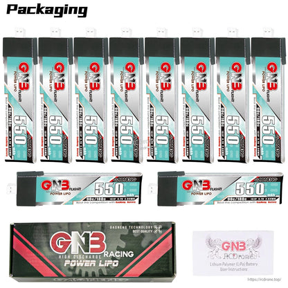 Packaging set with ten GNB 550 batteries, two horizontal battery views, box, and manual card
