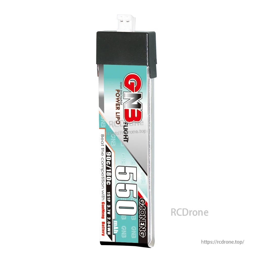 Front label view of GNB 550 1S LiPo battery showing printed specs and PH2.0 plug