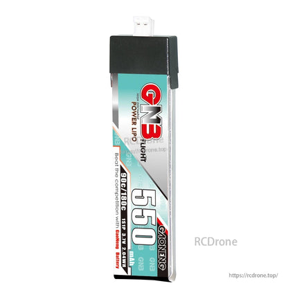 Front label view of GNB 550 1S LiPo battery showing printed specs and PH2.0 plug