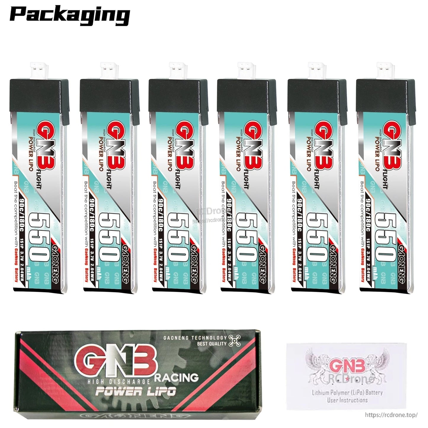 Packaging contents: six GNB 550 batteries with retail box and lithium polymer user instructions