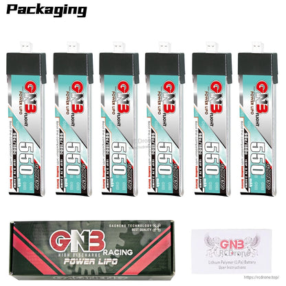 Packaging contents: six GNB 550 batteries with retail box and lithium polymer user instructions