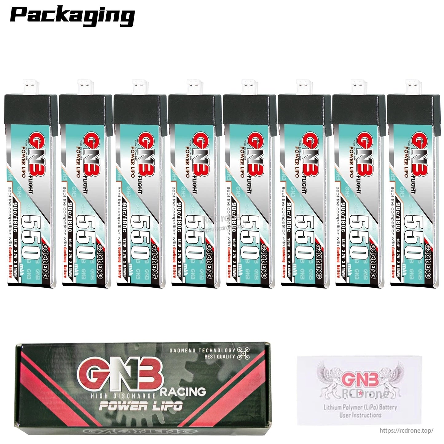 Packaging contents: eight GNB 550 batteries with GNB Racing Power LiPo box and instructions