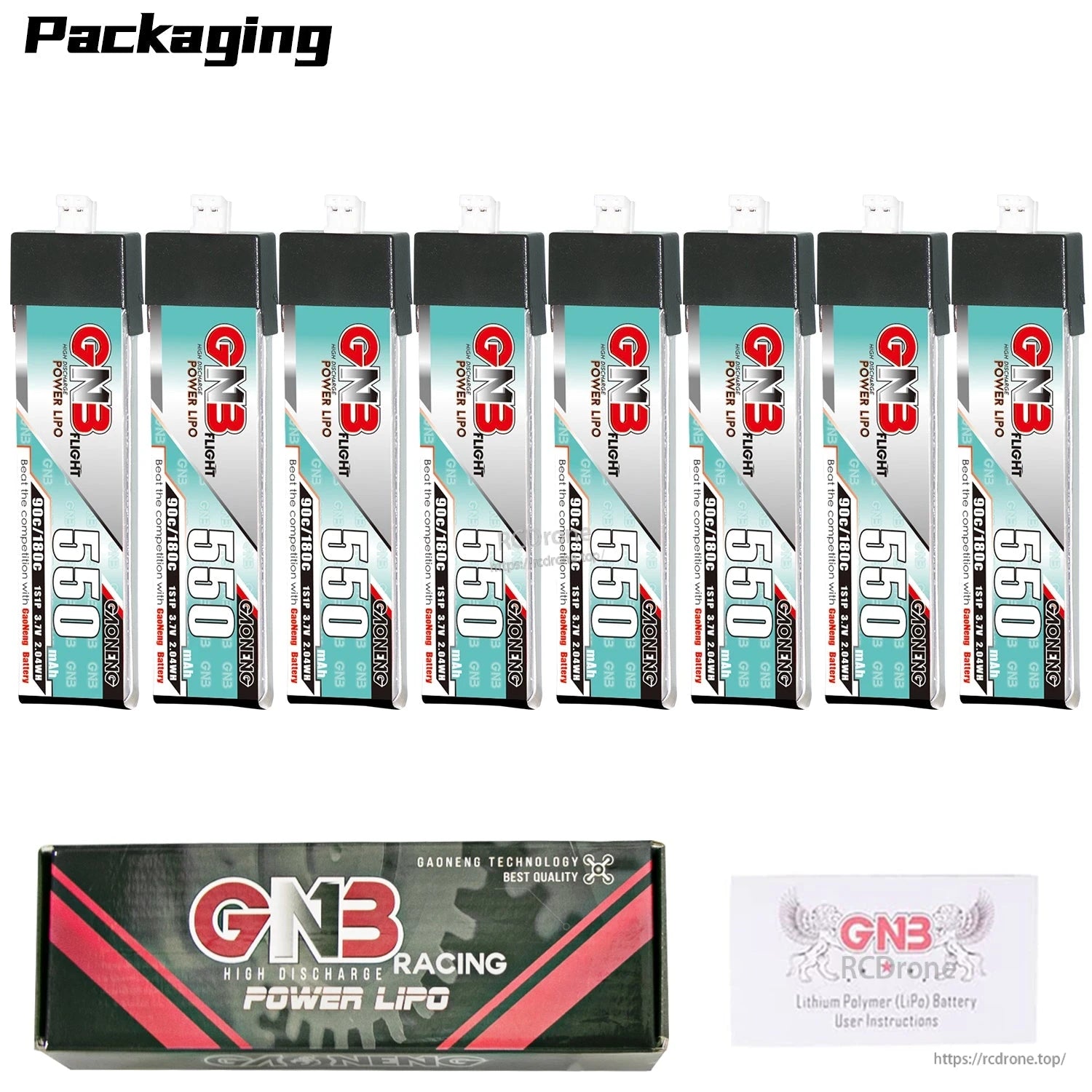 Packaging contents: eight GNB 550 batteries with GNB Racing Power LiPo box and instructions