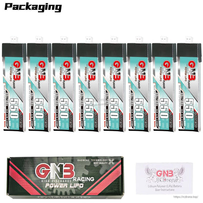 Packaging contents: eight GNB 550 batteries with GNB Racing Power LiPo box and instructions