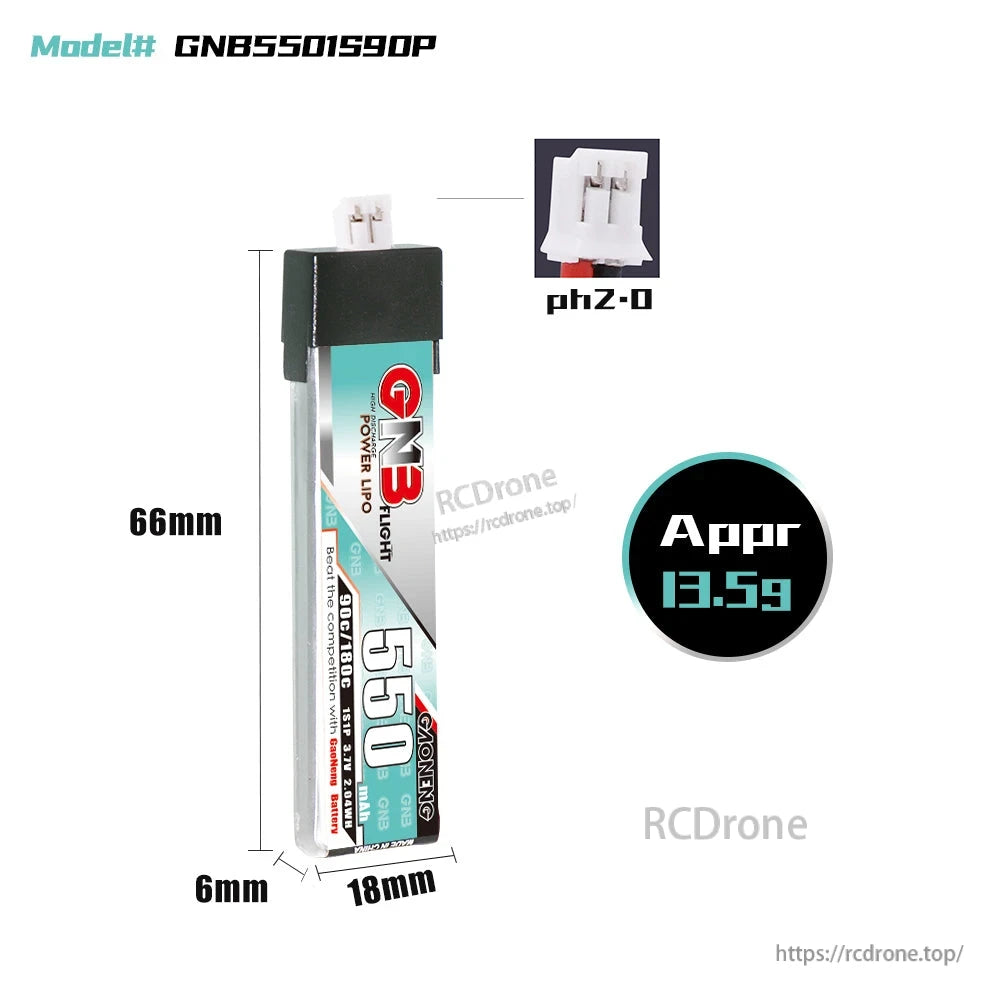 GNB5501S90P battery dimensions chart (66×18×6mm) with PH2.0 connector close-up
