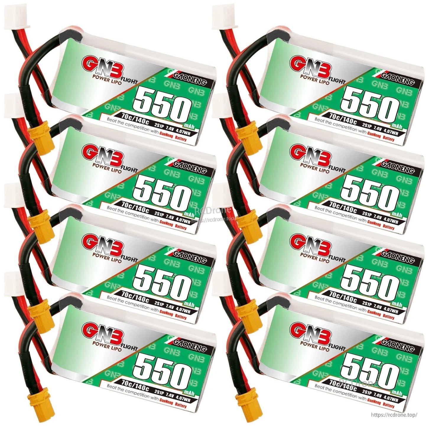 Eight-pack group photo of GNB 550mAh batteries arranged in rows with XT30 connectors