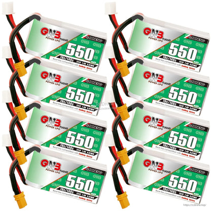 Eight-pack group photo of GNB 550mAh batteries arranged in rows with XT30 connectors