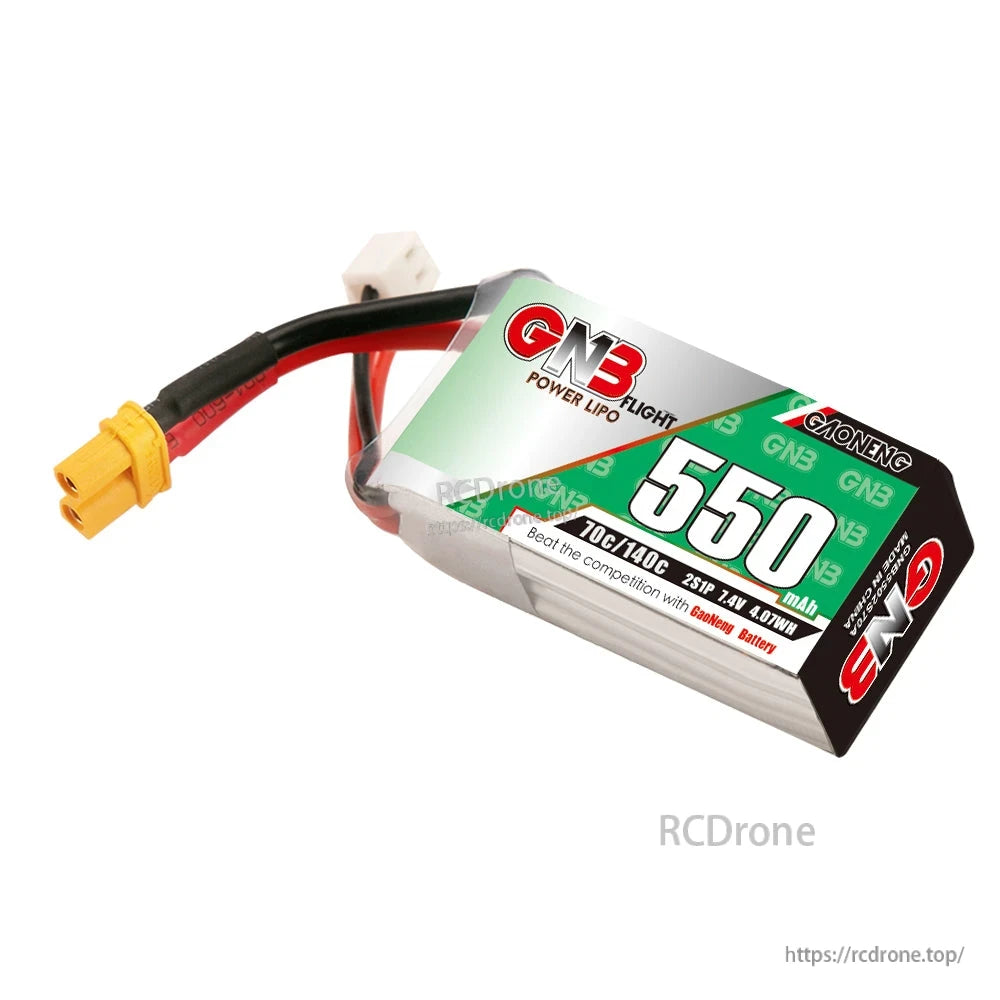 Angle view of GAONENG GNB5502S70A 550mAh 2S 7.4V LiPo battery with XT30 connector