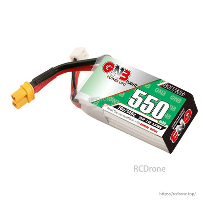 Angle view of GAONENG GNB5502S70A 550mAh 2S 7.4V LiPo battery with XT30 connector
