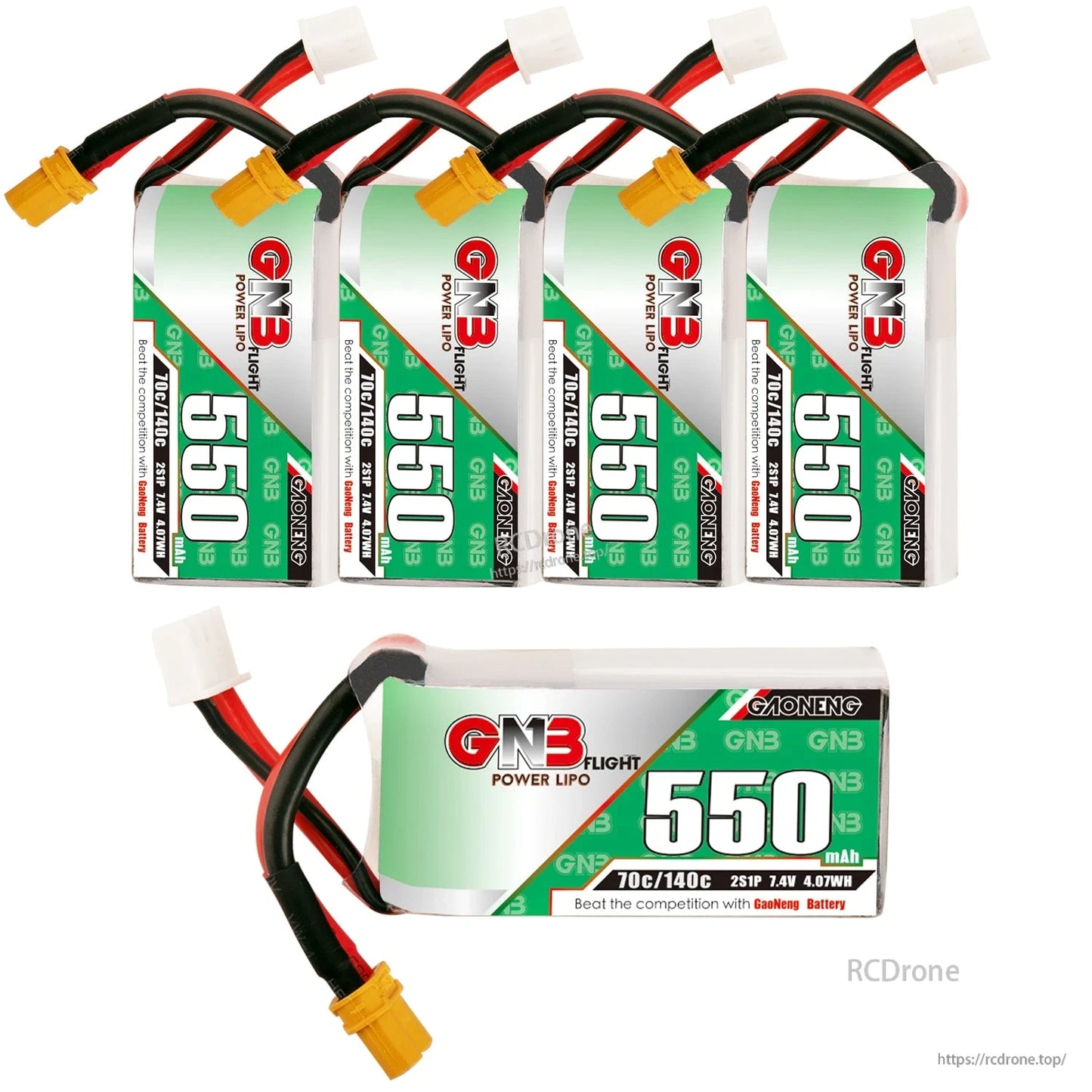 Bundle photo showing five GNB 550mAh LiPo batteries with XT30 connectors (4 top, 1 bottom)