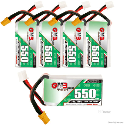 Bundle photo showing five GNB 550mAh LiPo batteries with XT30 connectors (4 top, 1 bottom)