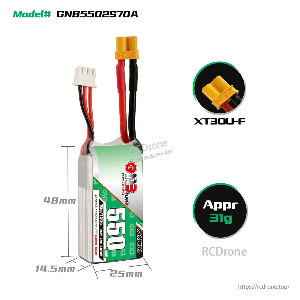 GNB5502S70A battery size chart with dimensions, XT30U-F plug close-up, approx 31g weight