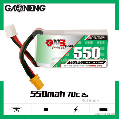 Side profile showing GNB 550mAh 70C 2S 7.4V LiPo label and wires