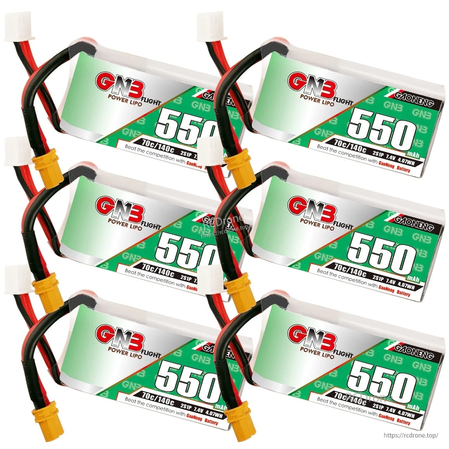Six-pack group photo of GNB 550mAh batteries with XT30 leads and balance plugs