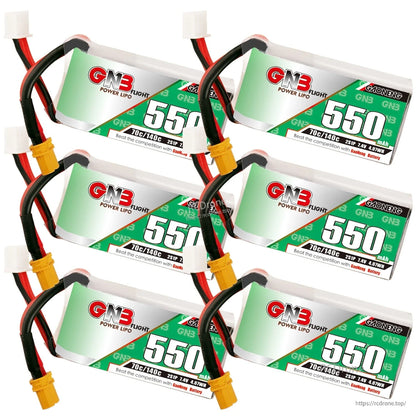 Six-pack group photo of GNB 550mAh batteries with XT30 leads and balance plugs