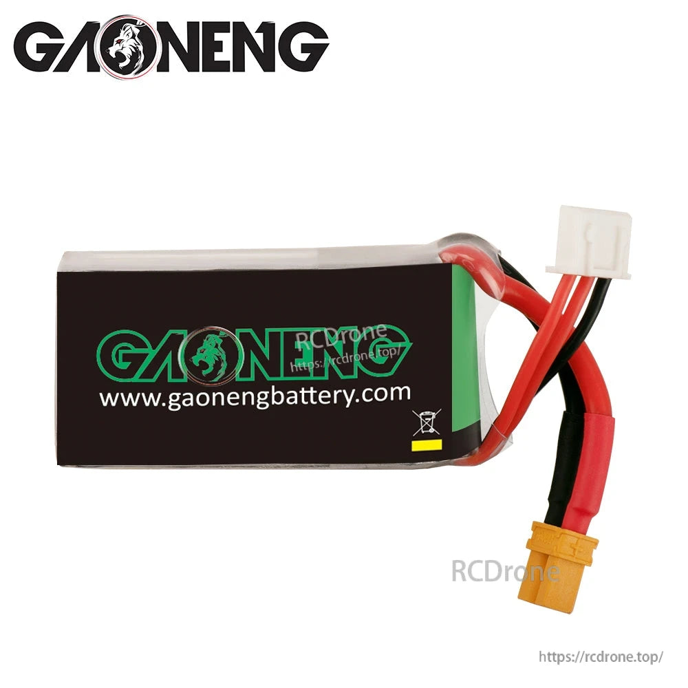 Back label view of GAONENG LiPo battery with gaonengbattery.com branding and wiring