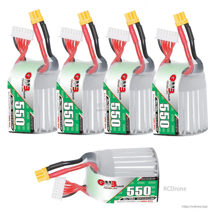 Bundle layout with four upright batteries plus one horizontal, showing labels and XT30 connectors