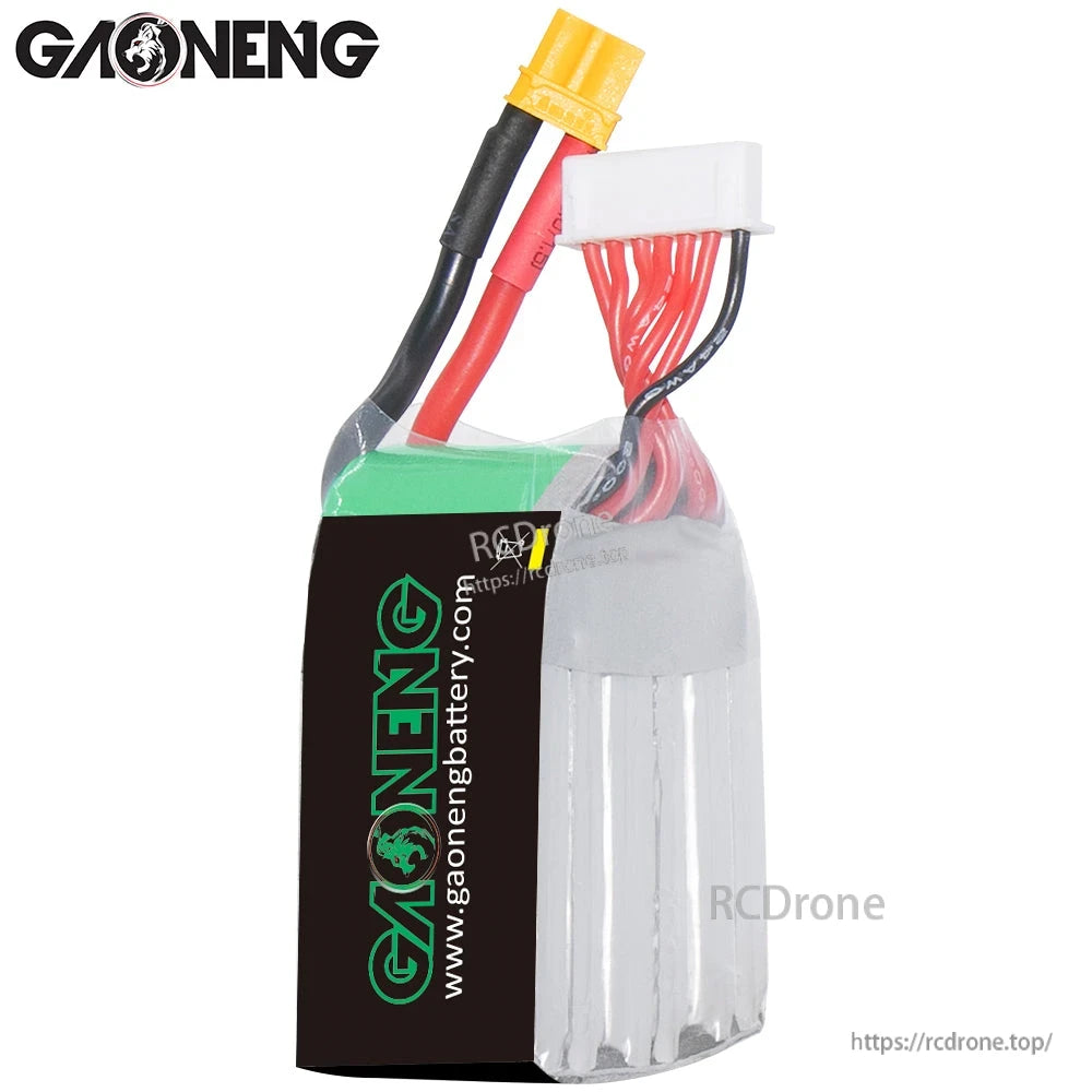 Rear/side view showing GAONENG branding on wrap, balance plug and XT30 power lead