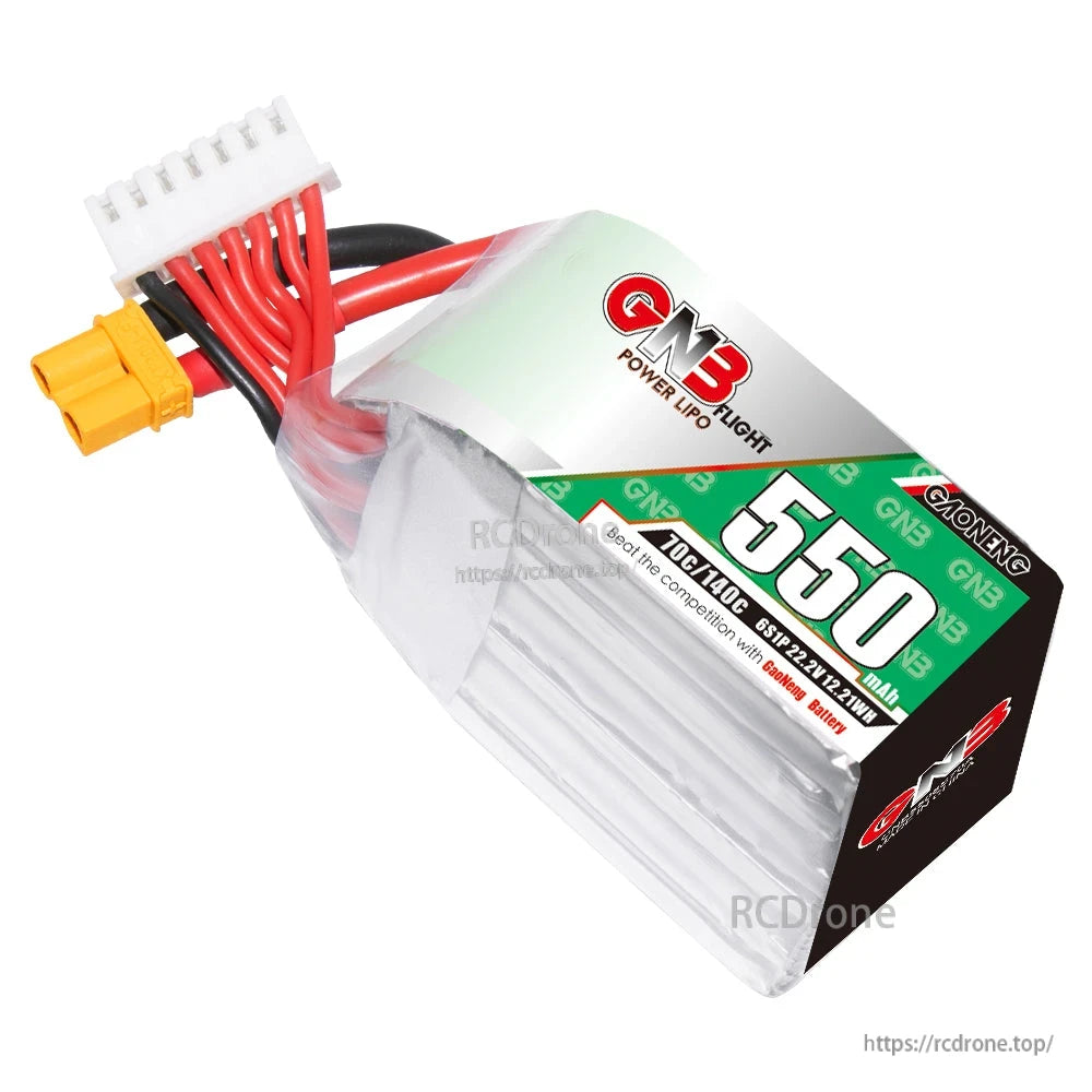 Angled top view highlighting 550 label, shrink-wrapped cells, XT30 plug and balance connector