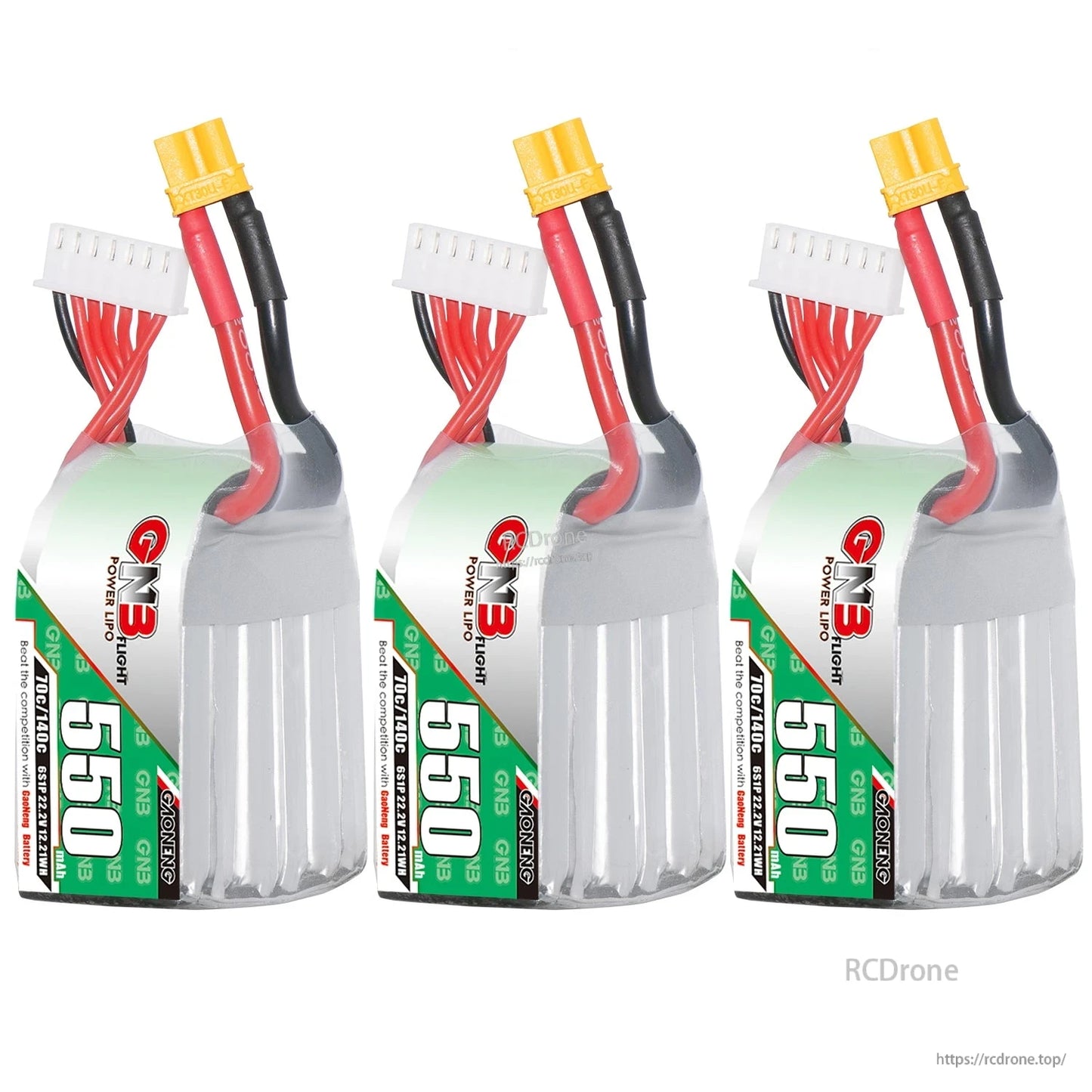 Three-pack display of GAONENG GNB 550mAh LiPo batteries upright with XT30 connectors