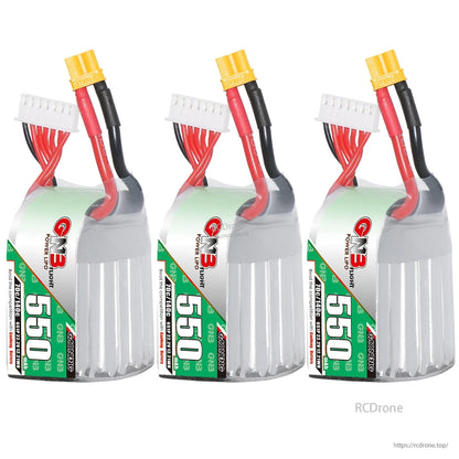 Three-pack display of GAONENG GNB 550mAh LiPo batteries upright with XT30 connectors