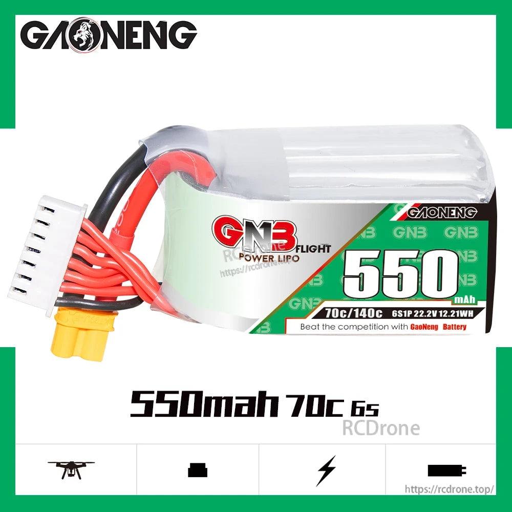 Side view of GNB 6S 550mAh 70C LiPo battery showing 22.2V label and XT30 lead