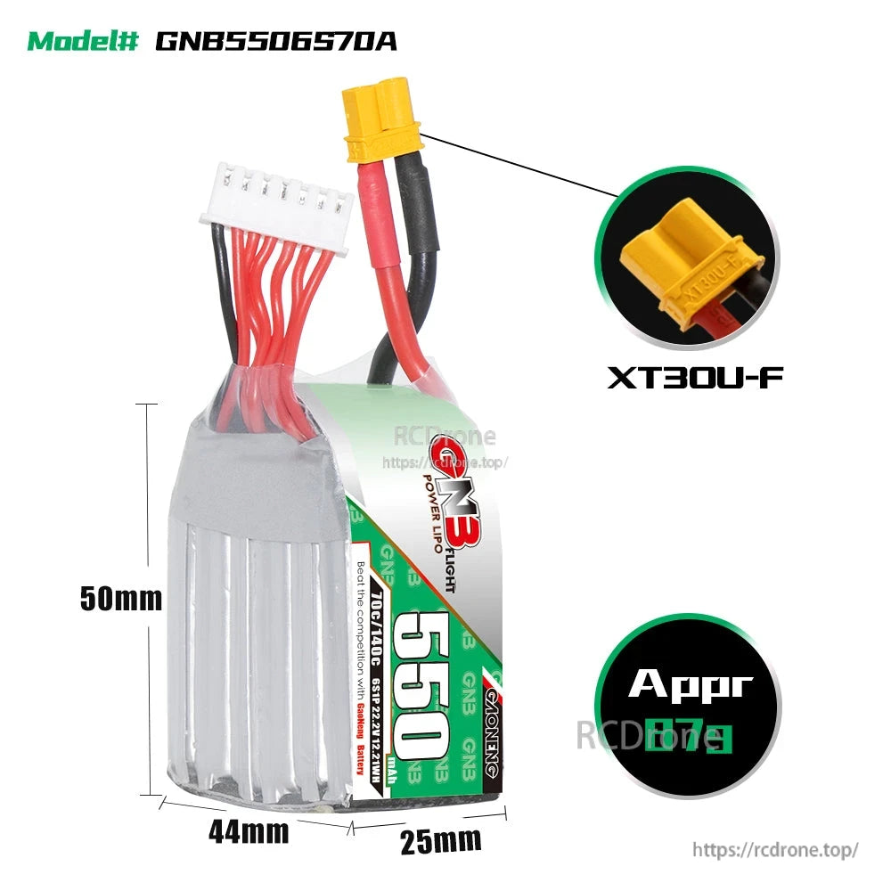 GNB5506S70A battery dimensions diagram 50 x 44 x 25 mm with XT30U-F connector close-up