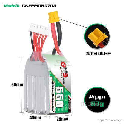 GNB5506S70A battery dimensions diagram 50 x 44 x 25 mm with XT30U-F connector close-up