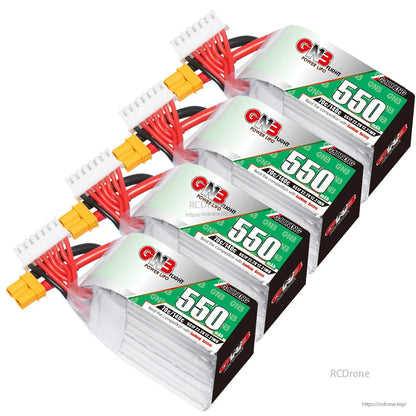 Four GAONENG GNB 550mAh LiPo batteries stacked, showing labels, balance leads and XT30 plugs