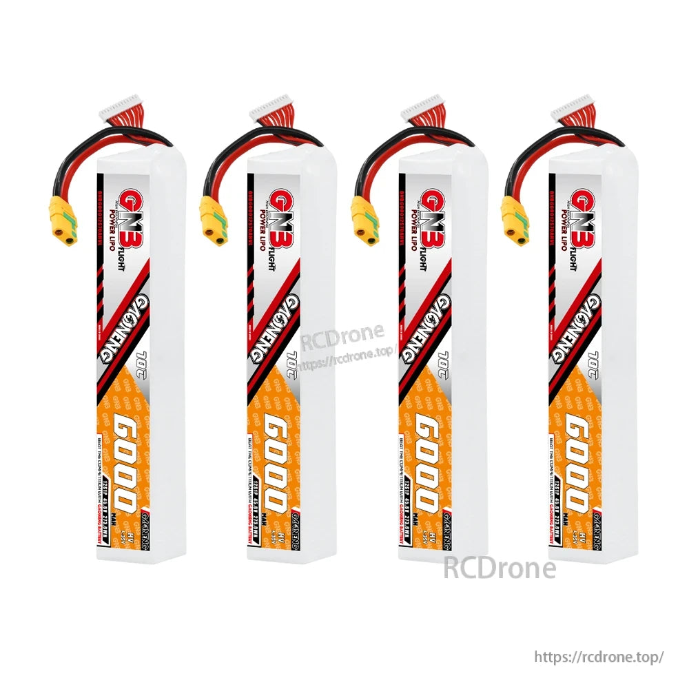 Four-pack display of GAONENG GNB 6000mAh LiPo batteries standing upright with power leads visible