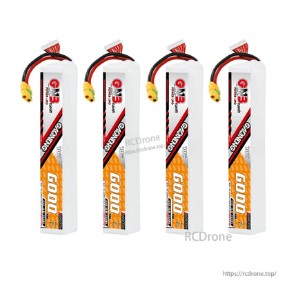 Four-pack display of GAONENG GNB 6000mAh LiPo batteries standing upright with power leads visible