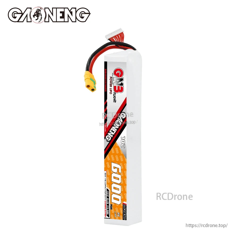 Front label view of GAONENG GNB 6000mAh battery standing upright with XT90S lead and balance connector