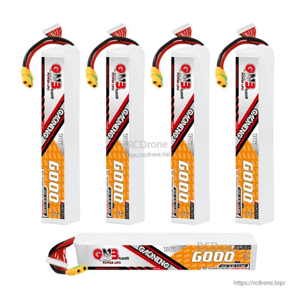 Four upright GNB 6000mAh batteries plus one battery shown horizontally, highlighting label and lead position