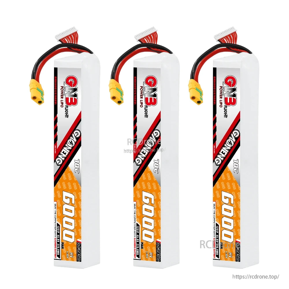 Three-pack display of GAONENG GNB 6000mAh LiPo batteries standing upright with XT90-style leads