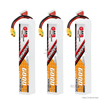Three-pack display of GAONENG GNB 6000mAh LiPo batteries standing upright with XT90-style leads