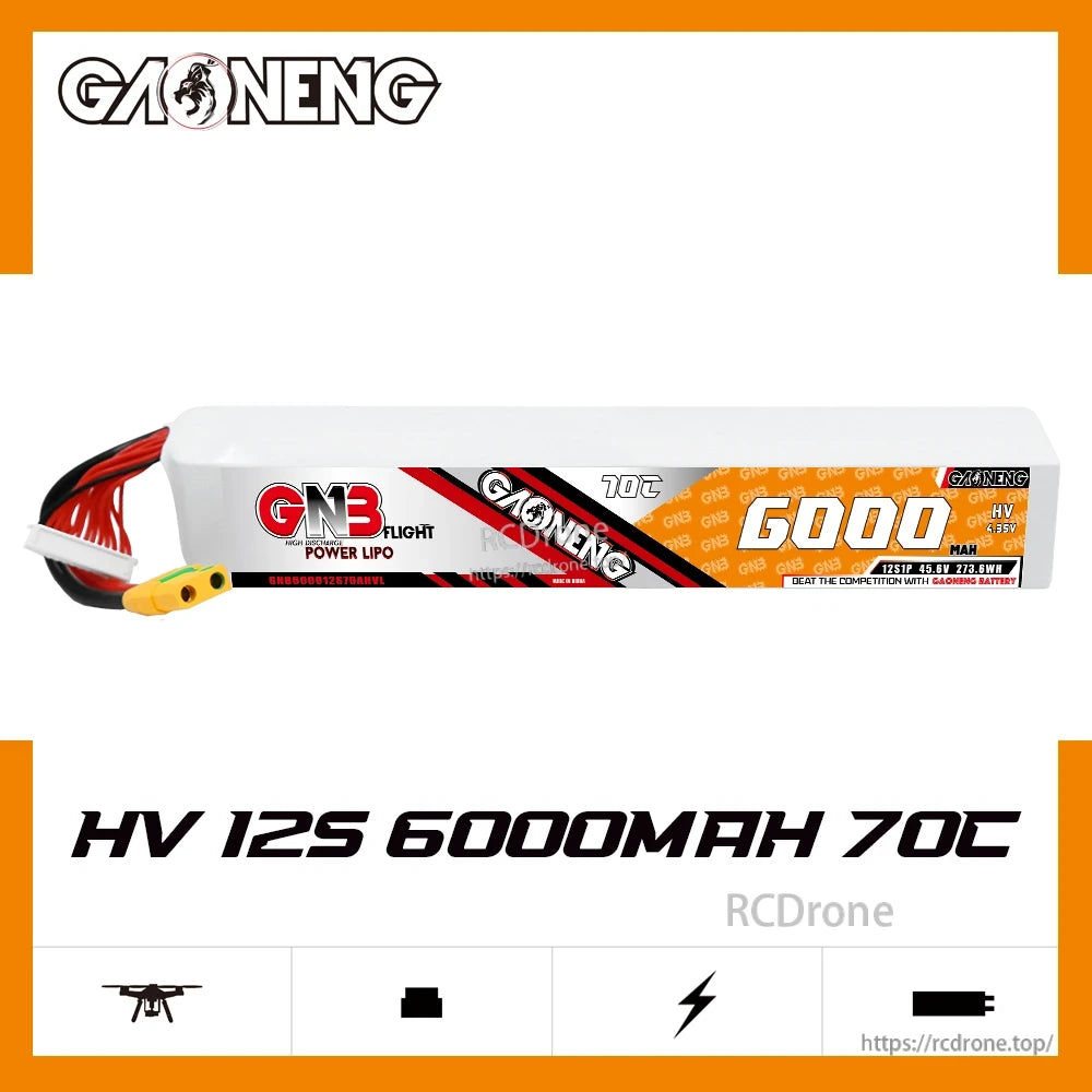 GAONENG GNB HV 12S 6000mAh 70C LiPo battery side profile on white background with product name text