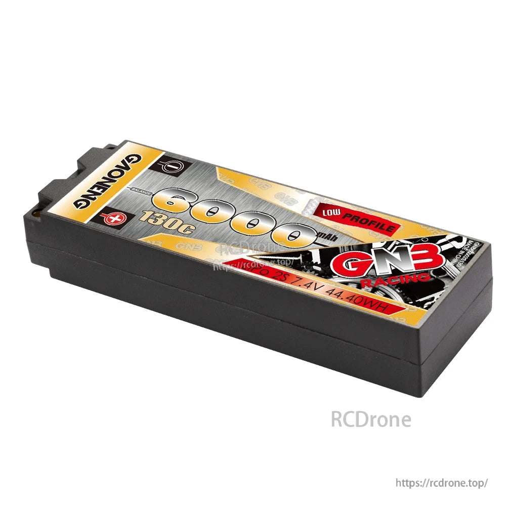 Angled top view of GNB low-profile hard case battery showing label and case edges