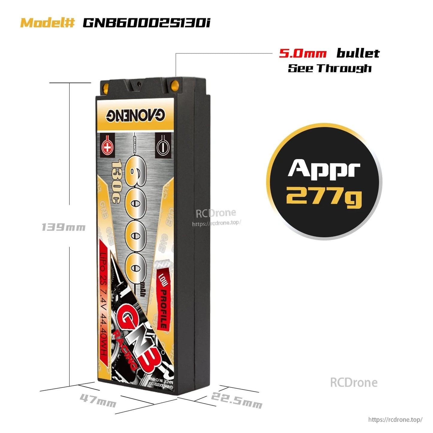 GNB60002S130i battery size diagram with dimensions and approx 277g weight callout